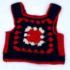 Vintage Granny Square Vest Small Child Hand Knit Crochet Red White Dark Blue 70s
