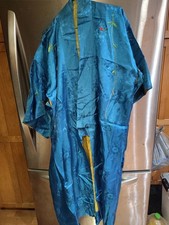 Vintage Floral Satin Silk Embroidered Japanese Kimono Mid Length Robe