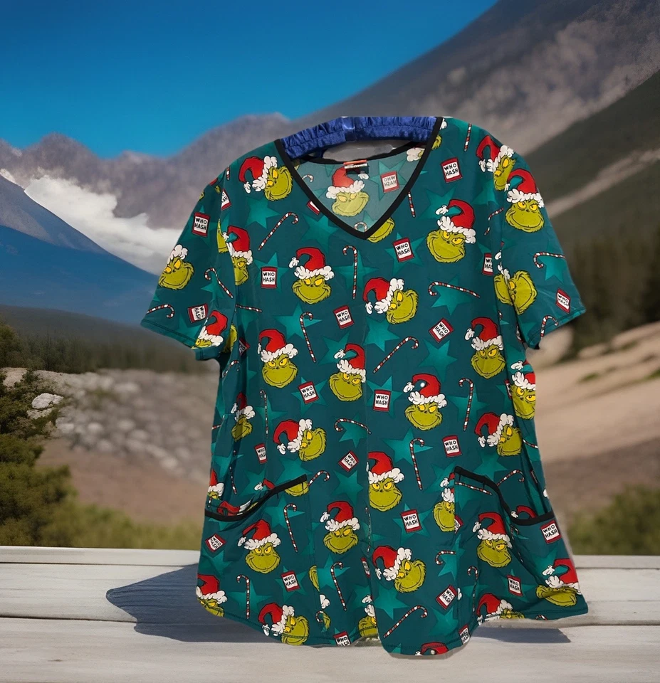 Blusa Médica Dr Seuss Talla XL Verde Grinch Navidad Enfermera Médica Dental Elástica Foto 3 de 4
