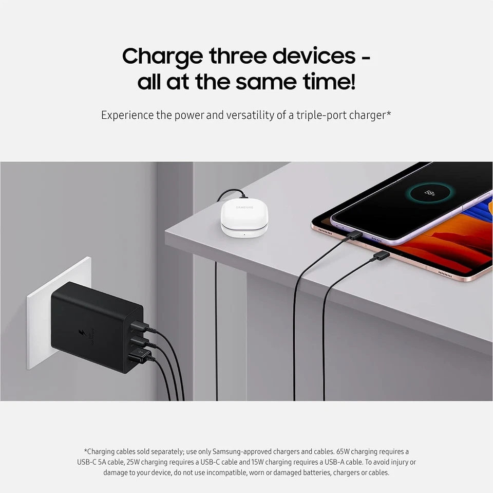 Samsung 65W Trio Power Adapter Super Fast Wall Charger w/ USB-C Cable Black - Image 3 of 4