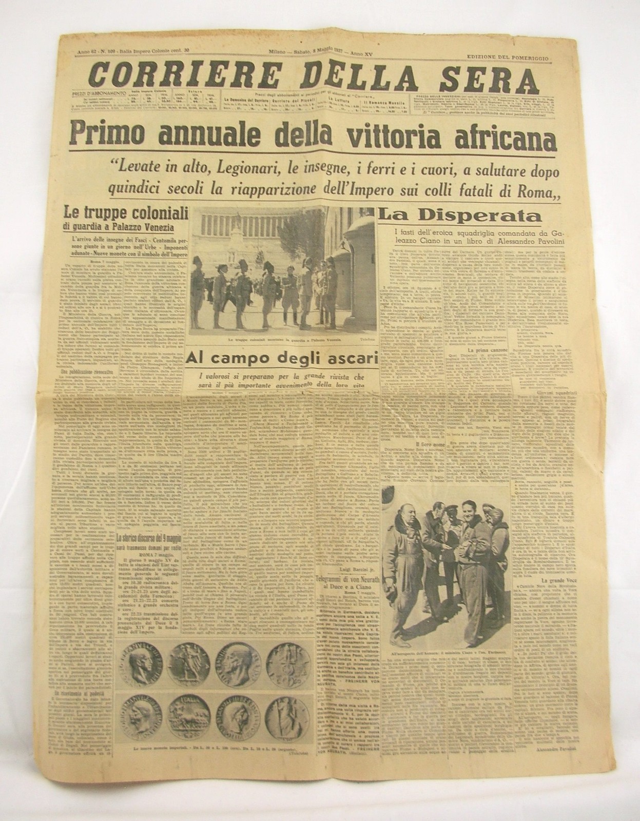 CORRIERE DELLA SERA PRIMO ANNUALE DELLA VITTORIA AFRICANA 8 MAGGIO 1937 A.XV