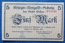 08 006 emergency money city of Passau 5 Mark, October 1918-1.2.1919, KN red 5 digits