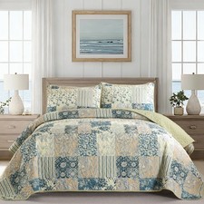Drucon Patchwork Quilt Set Queen Size Green Blue Plaid Bedspread Bedding 3 Piece