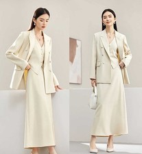 Women Double Breasted Relax Fit Suit Blazer Cream Jacket Business Daily Styling