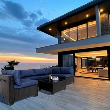 7 Pieces Outdoor Rattan Patio Sectional Set, Black Wicker Furniture Conversation