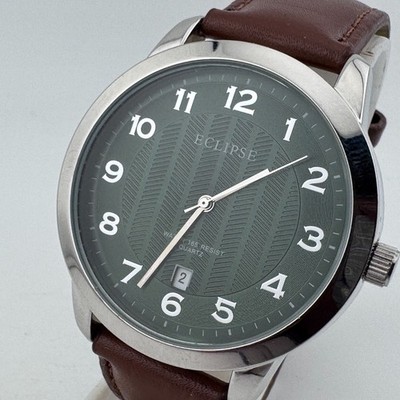 Eclipse Quartz Watch Men 50m Silver Green Date Leather Japan Analog New Battery