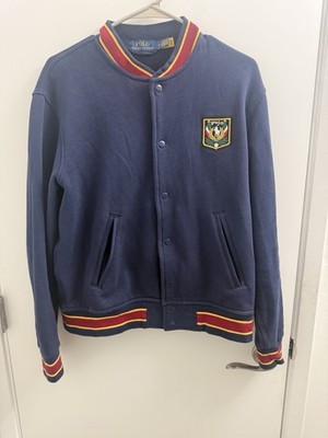 Polo Ralph Lauren Varsity Jacket Men M Navy Embroidered Crest Striped Trim Lined