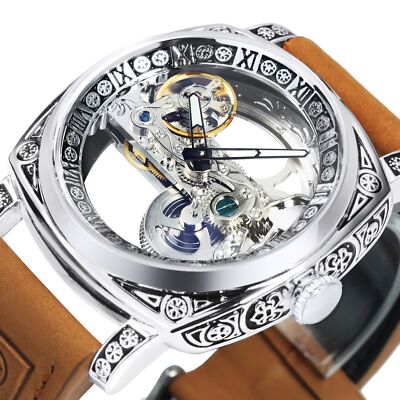 Forsining Men s Automatic Square Retro Carved Skeleton Luxury Waterproof Watch