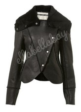 Topshop Black Real Shearling Sheepskin Lined Leather Swing Aviator Jacket Uk6 8