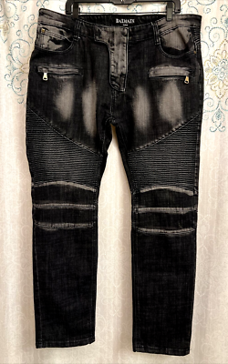 BALMAIN PARIS Men's Biker Ribbed Gray/Black Distressed Skinny