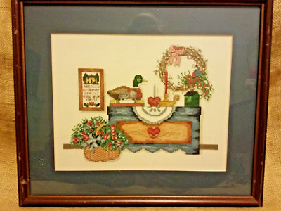 Vintage Framed and Matted Cross Stitch Country Room Decor Scene 16x13