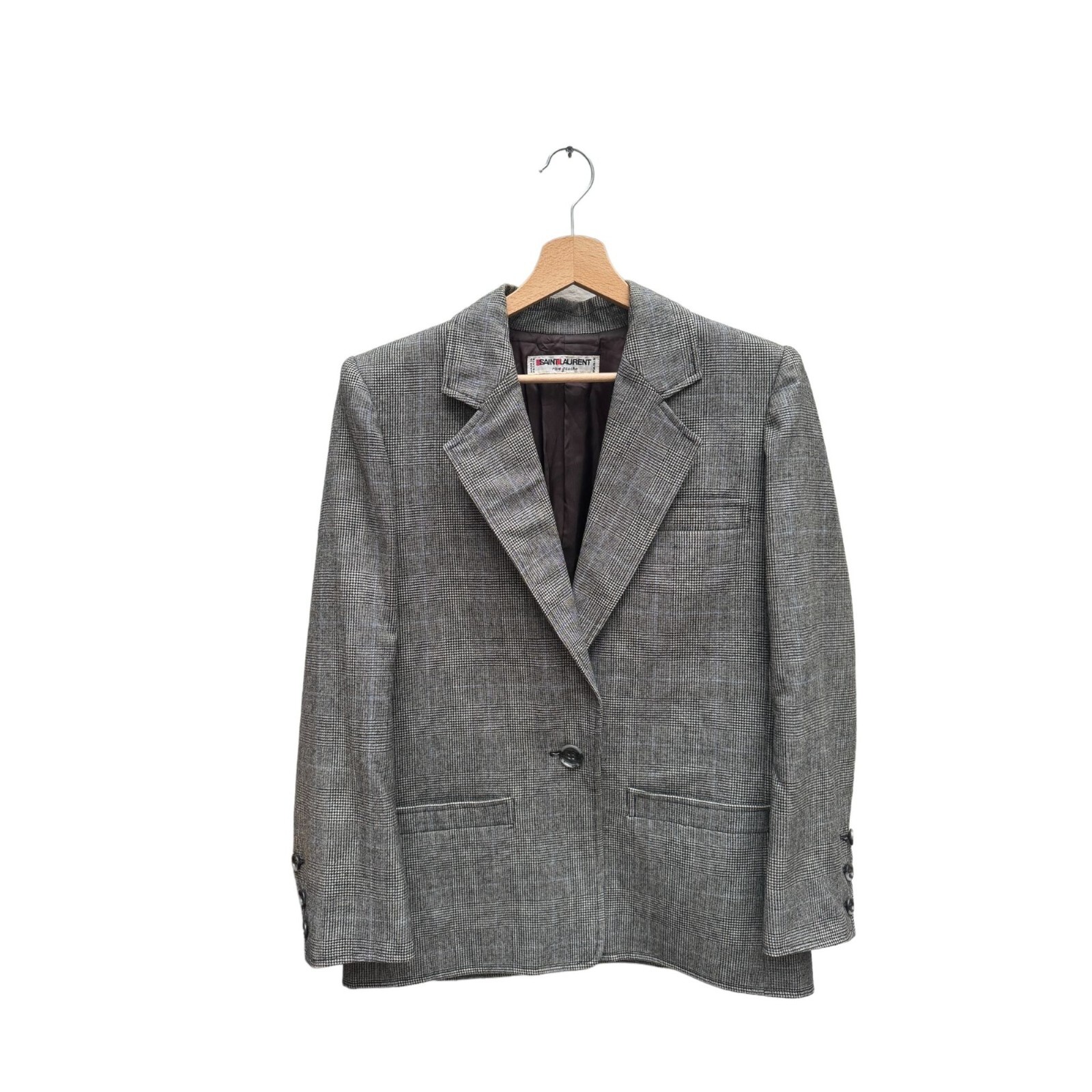 Giacca blazer a scacchi Saint Laurent Paris vintage anni '70 grigia lana taglia 42 fi