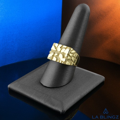 Men's Rectangle Nugget Ring 10K 14K Solid Yellow Gold Textured Statement Band - Picture 2 of 6