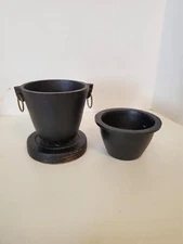  Cast Iron Metal Cauldron Bean Pot Small 4” Black On Wood Stand Smelting