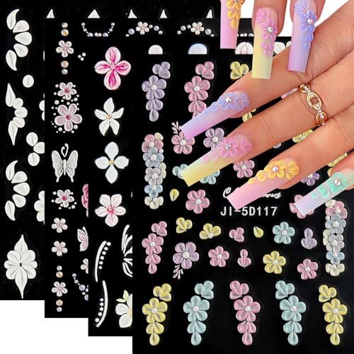 5D Flower Nail Art Stickers, 5D Embossed Pink White Flowers Nail