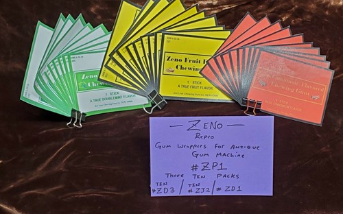 REPRO ZENO GUM WRAPPERS ANTIQUE GUM MACHINE 3 PACK3 #ZP1 ALL 3 FLAVORS - Picture 6 of 9