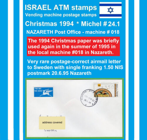 Israel ATM Christmas 1994 / 018 / 1,50 NIS on cover 20.6.95 NAZARETH Klussendorf