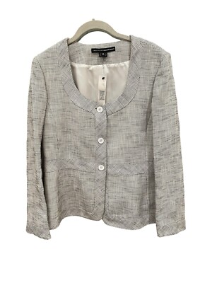 Linda Allard EllenTracy Jacket Black/white Linen Blend Collarless Blazer Size 10