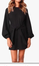 Women's  Long Sleeves Elegant Knitted Bodycon Tie Waist Sweater Pencil Dress Med