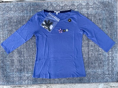 Isaac Mizrahi Women Top Scoopneck Shirt Blue W/ Extra Black Pin Size S