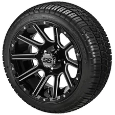 (4) Golf Cart 205/30-12 Deli Low Pro Tire on 12x7 Black Ball Milled Venom Wheels