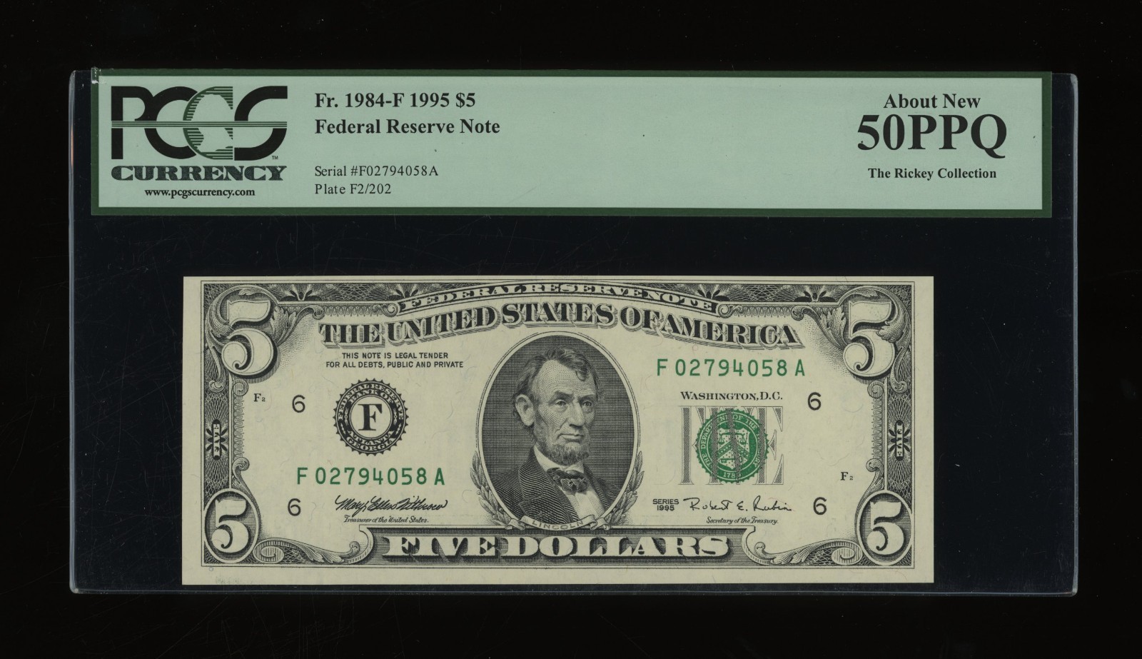 DBR 1995 $5 FRN Atlanta Fr. 1984-F PCGS AU-50 PPQ Serial F02794058A