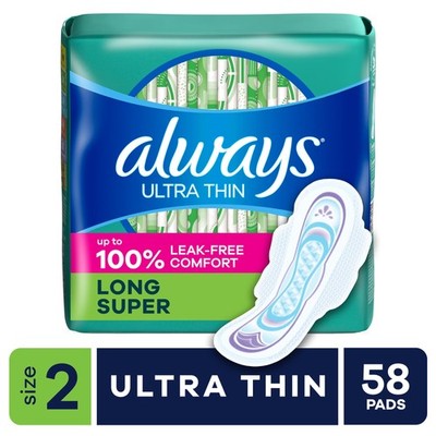 Ultra Thin Pads with Wings, Size 2, Long Super Absorbency, 58 Count