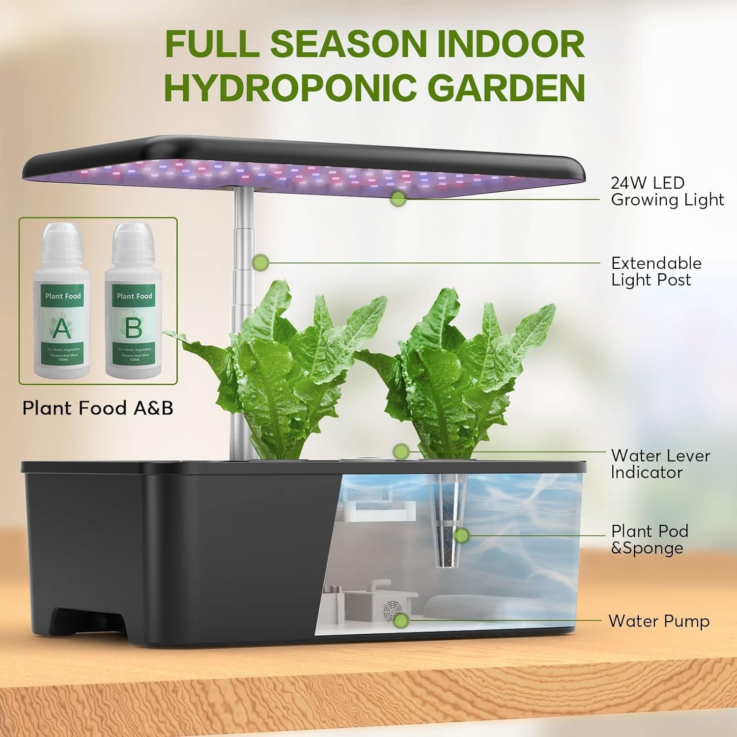 Compact Hydroponic Growing System for 12 Herbs with High-Performance LED Light