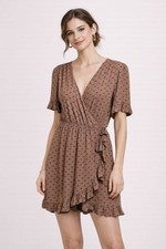Elka Collective Wrap Dress Size AU 8 US 4 Short Sleeve Brown Polka Dot Viscose