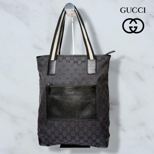 Gucci GG Monogram Canvas Tote Bag Black White Shoulder Handbag Model 511