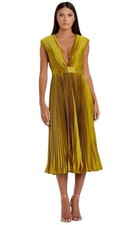 MAC DUGGAL PLEATED CAP SLEEVE BELTED A-LINE MIDI IN CHARTREUSE | Sz 14