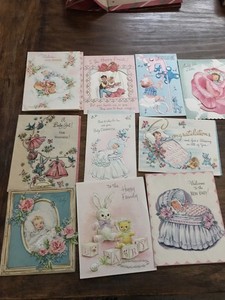 Vintage Baby Birth Cards Christening Lot of 10~ Ephemera, Cute Graphics