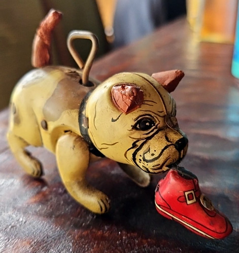 Vintage Mid-century Wind Up Tail Wagging Bull Dog Tin Toy Litho Tin WORKING