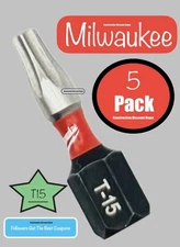 5 Pack Milwaukee Shockwave Impact Duty Bit Set Torx Screw Driver Bits 1" T15