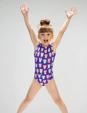 GK Elite Gymnastics Leotard Night Owl Flip Side Purpel Printed Size CS