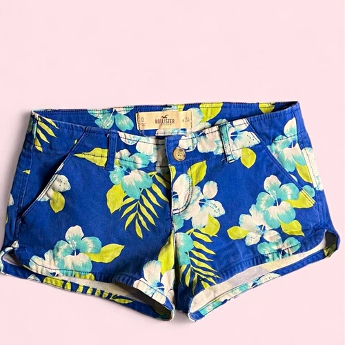 Y2K Hollister Women’s 24 Low Rise Blue Floral Tropical mini Shorts Button Fly 2"