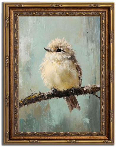 Gold Framed Bird Canvas Wall Art Vintage Beige Sparrow 11L x 9W, bird