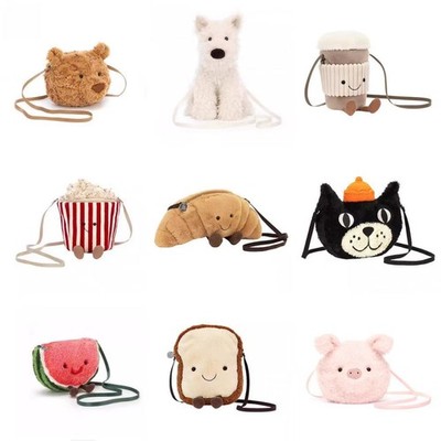 Bull Horn Bun Croissant Crossbody Bag Teddy Bear Smiling Face Plush Toy Shoulder