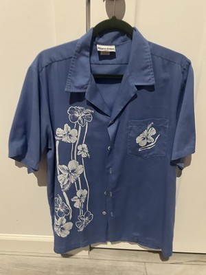 Vintage Hans Jutte Mens Button Front Hawaiian Shirt Blue Floral  Made In Hawaii