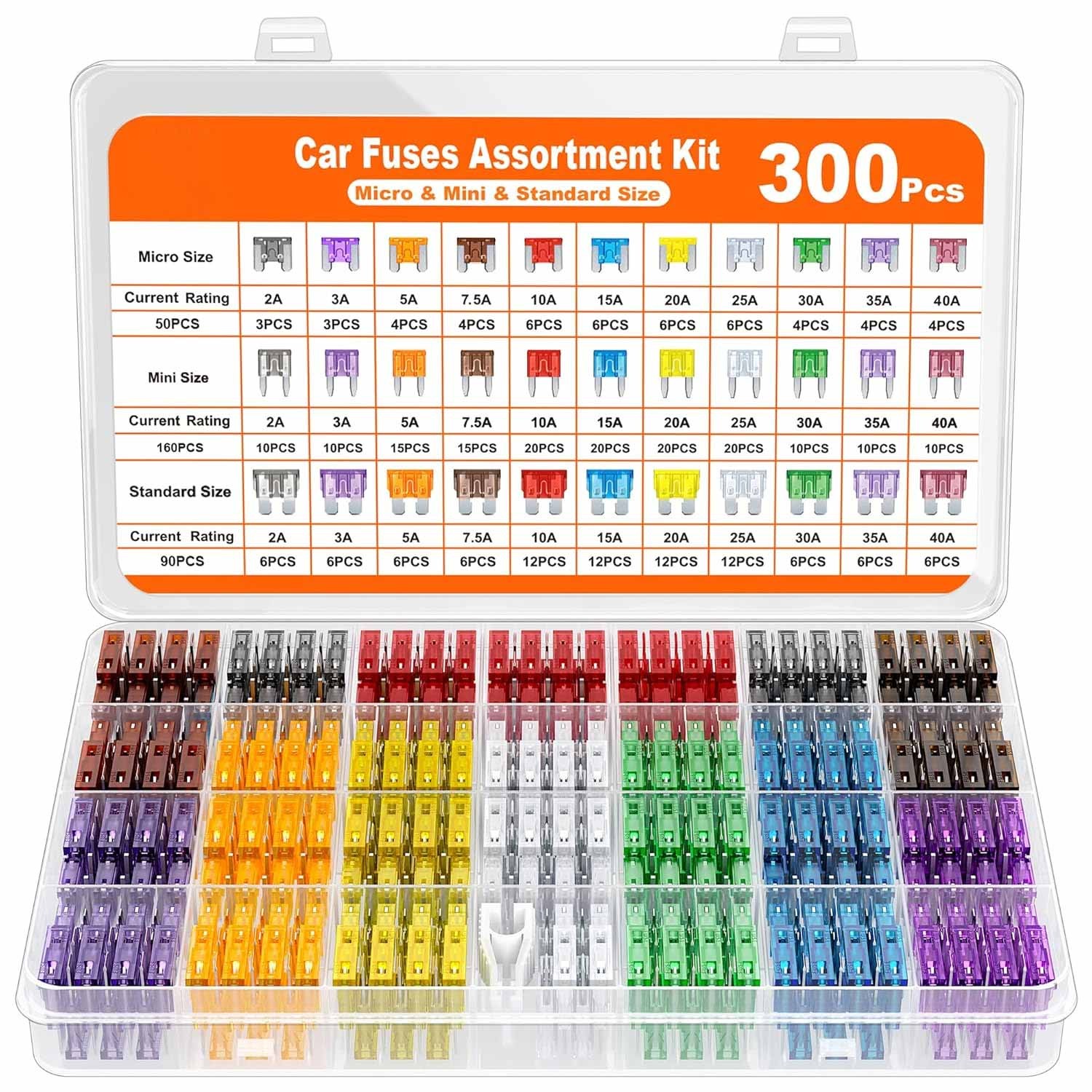 300 Car Fuses Assortment Kit Universal Blade Fuses Standard & Mini & Low Profile
