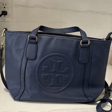 Tory Burch Blue Pebbled Logo Zip Satchel Top Handle Detachable Strap Pockets