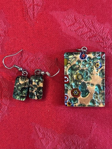 Vetro Di Murano Millefiori Art Glass Signed Necklace & Earrings Set