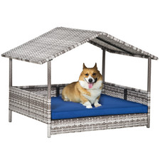 The Rattan Dog House Outdoors With A Canopy, The Rattan Dog Bed With A f Mat