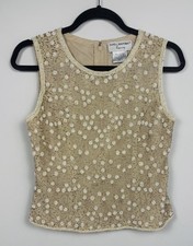 Vintage Papell Boutique Evening Sleeveless Beige 100 Silk Beaded Blouse Size 6