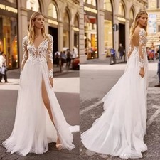 Beach Wedding Dresses V Neck Long Sleeves Lace Bridal Gown High Split Ruffle