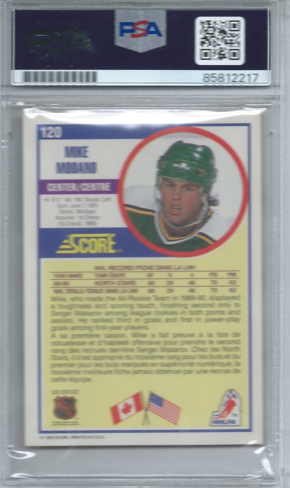 MIKE MODANO PSA/DNA auto 1990-91 Score Rookie #120 HOF signed slabbed Northstars view 2
