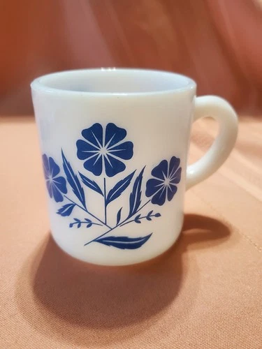 1950's Vintage Coffee Cup Hazel Atlas Milk Glass Blue Flower Cornflower Mug READ