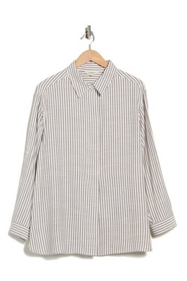 Max Studio Stripe Oversize Long Sleeve Button Up Tunic Size M Taupe Black
