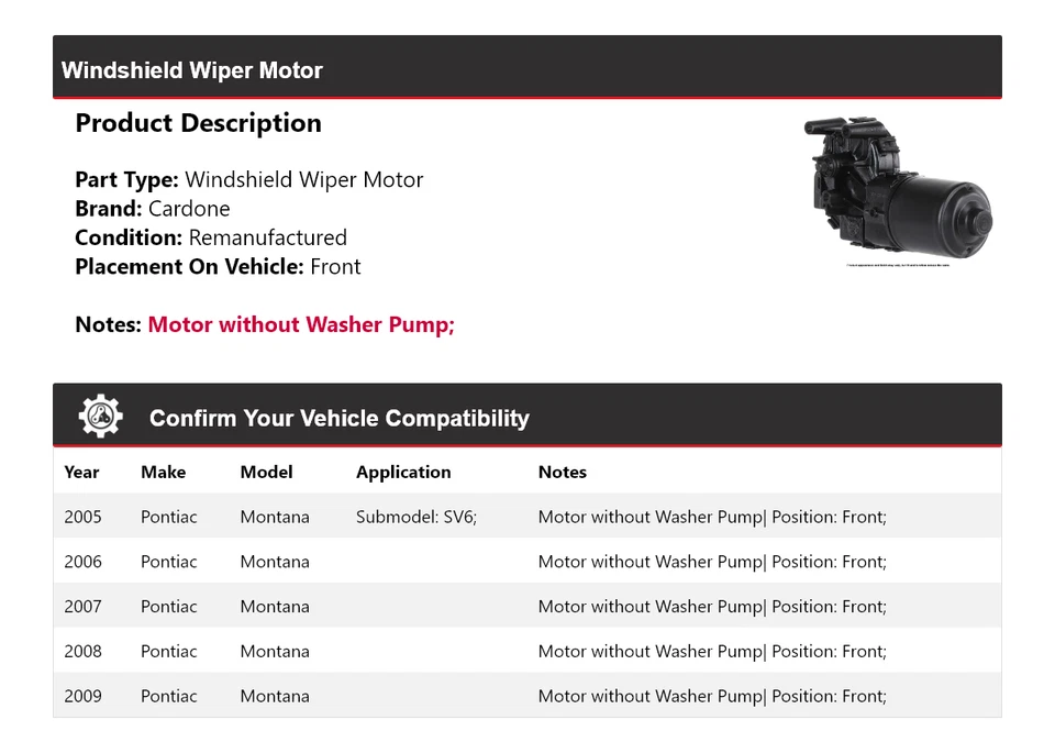 For 2005-2009 Pontiac Montana Windshield Wiper Motor Front Cardone 2006 2007 - Image 2 of 4