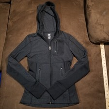 REI FULL ZIP HOODED JACKET CHARCOAL GRAY AND BLACK ATHLETIC STRETCH WOMEN'S XXS